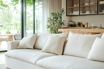 Modern living room sofa with white cushions, open kitchen, and garden view