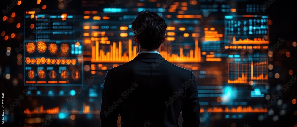 Poster analyzing big data: a man observes complex data visualizations on a giant screen