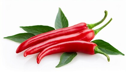 Vibrant Red Hot Chili Peppers with Green Leaves Isolated on White Background