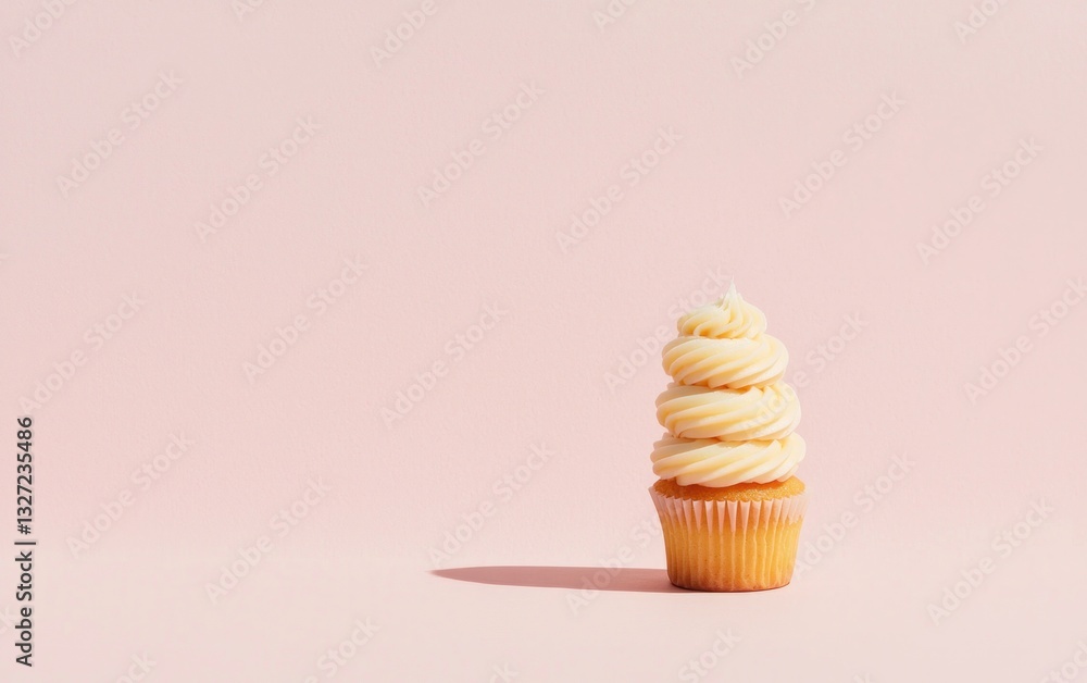 Poster a single cupcake with vanilla frosting sits on a pale pink background, lit by soft sunlight creating