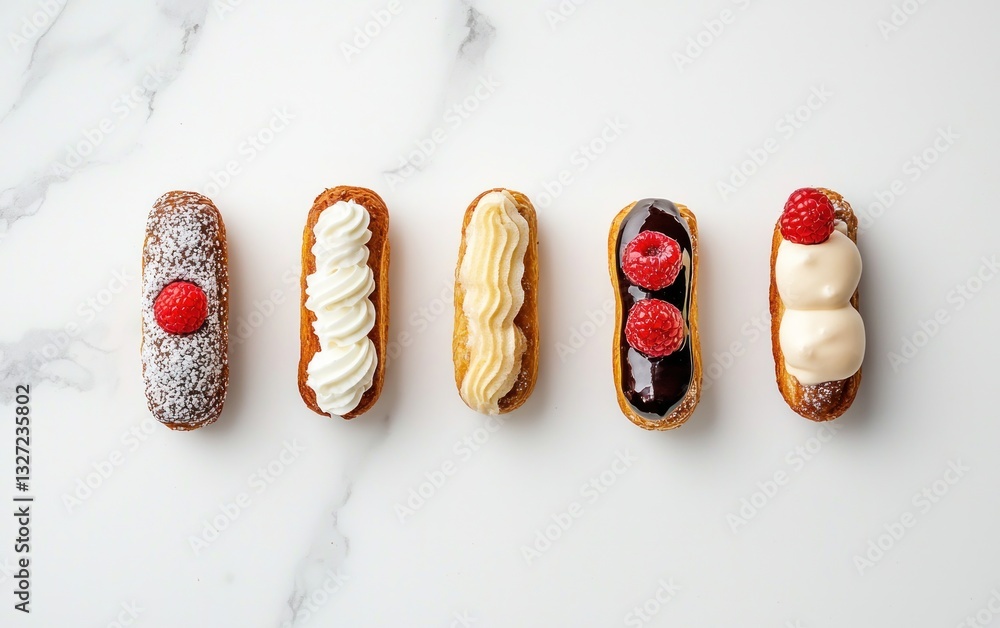 Poster five assorted cream-filled pastries in a row on a marble background. each pastry is topped with diff