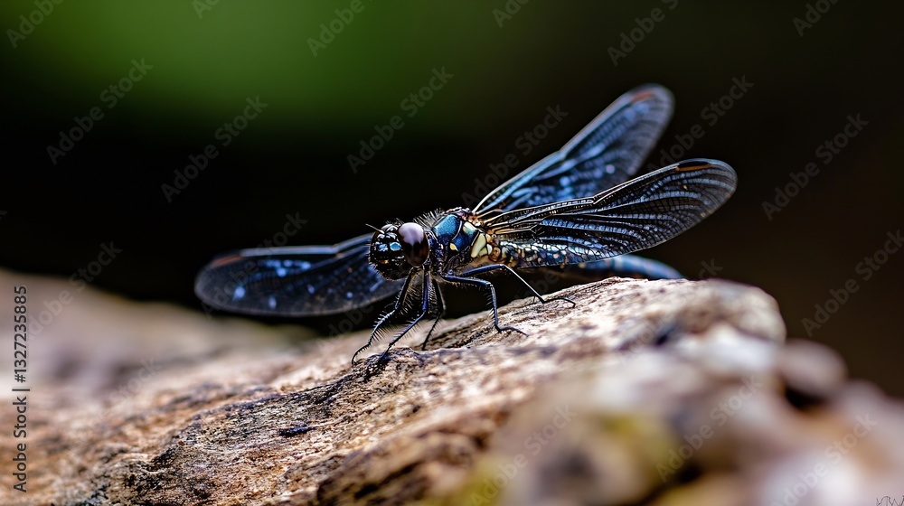 Poster closeup of a colorful dragonfly resting on a wooden surface : generative ai