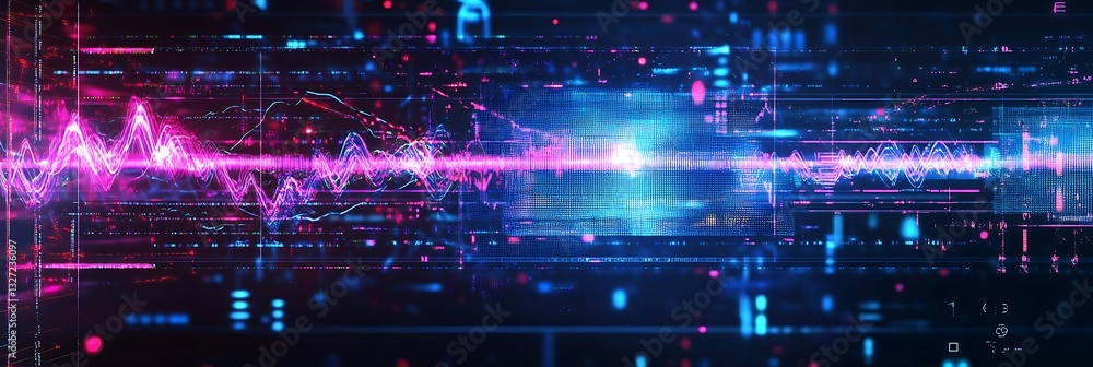 Poster digital symphony: a dynamic digital sound wave pulsating with vibrant blue and pink hues across a co