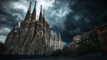 Obraz premium Sagrada familia illuminated barcelona photograph dramatic sky low angle awe-inspiring cultural icon