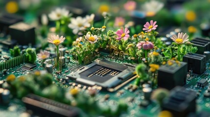 Nature reclaiming technology, flowers growing on a computer motherboard in a garden setting