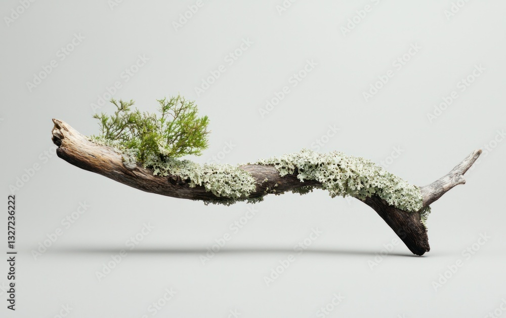 Poster a digitally rendered image of a branch with lichen and small greenery, isolated on a light gray back