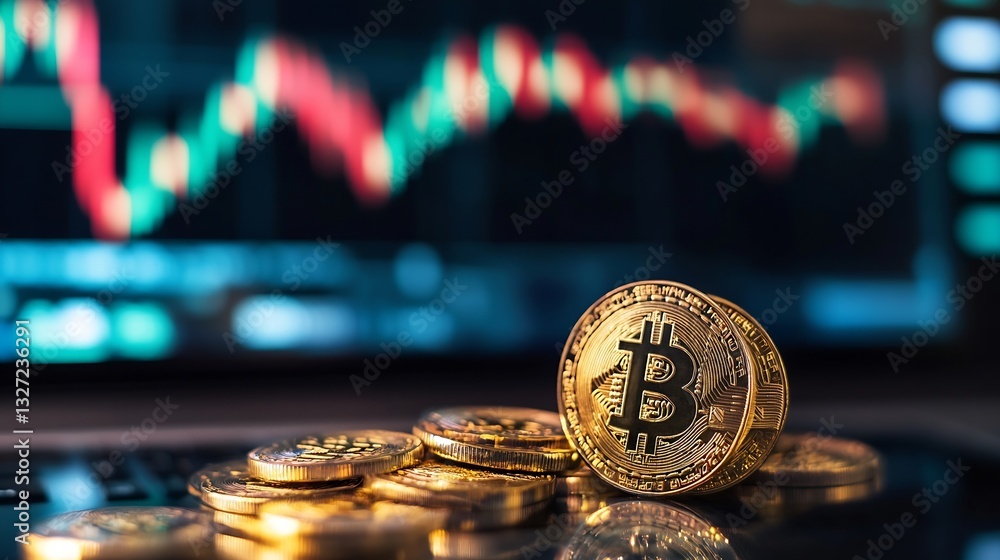 Poster closeup of bitcoin coins stacked with financial charts in background : generative ai