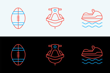 Set line Jet ski, Rugby ball and icon. Vector