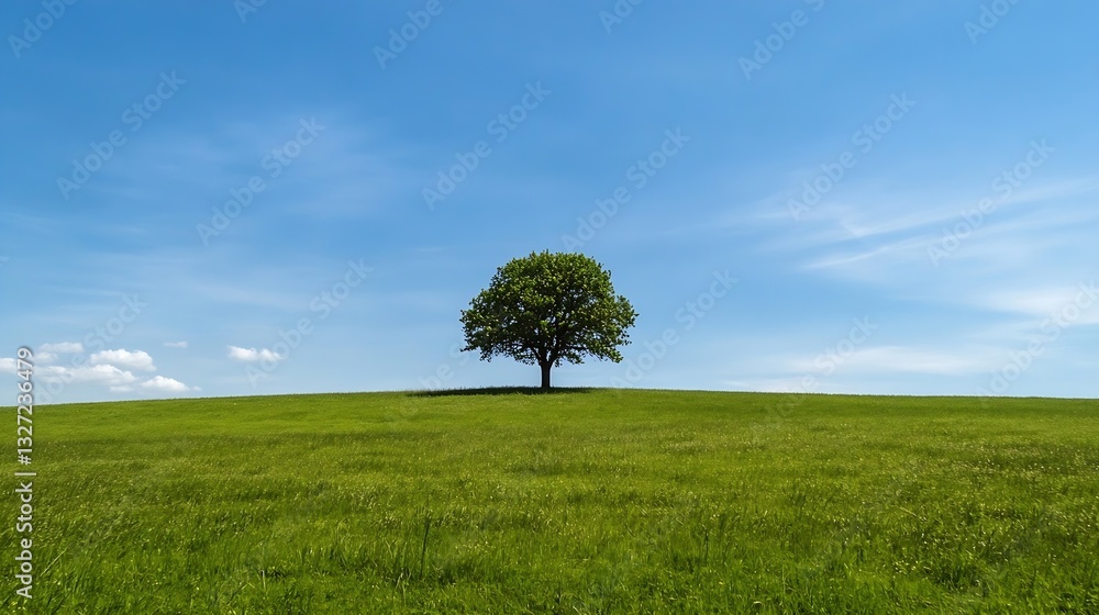 Poster lone tree standing on a green hill under a clear blue sky creating a serene natural landscape : gene
