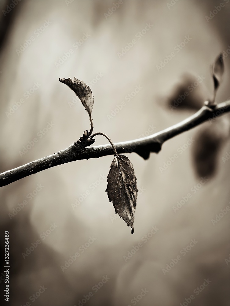 Fototapete close up sepia toned image of a bare branch with two wilted leaves capturing the essence of nature's