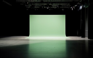 A large, pale green screen stands in a dark studio setting, offering a blank canvas for chroma key filming or photography. The floor is dark and reflective, contrasting with the bright green screen
