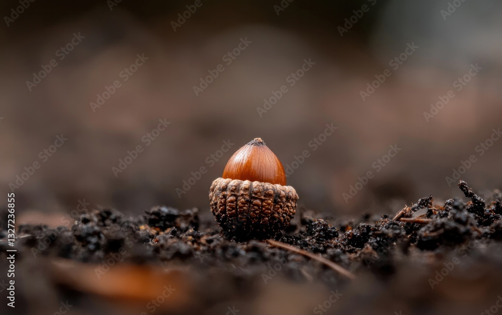 Poster close-up view of a single acorn resting on dark brown soil. the acorn is light brown with a darker b