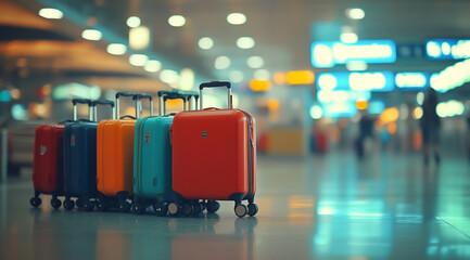 Colorful luggage is lined up in the airport waiting area, a real photograph with a blurred background and a bokeh effect.