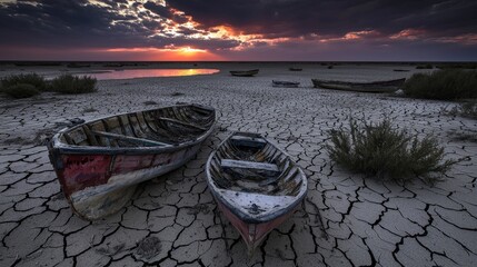 Grounded boats at sunset on a dry lakebed a powerful nature photography of drought and environmental crisis