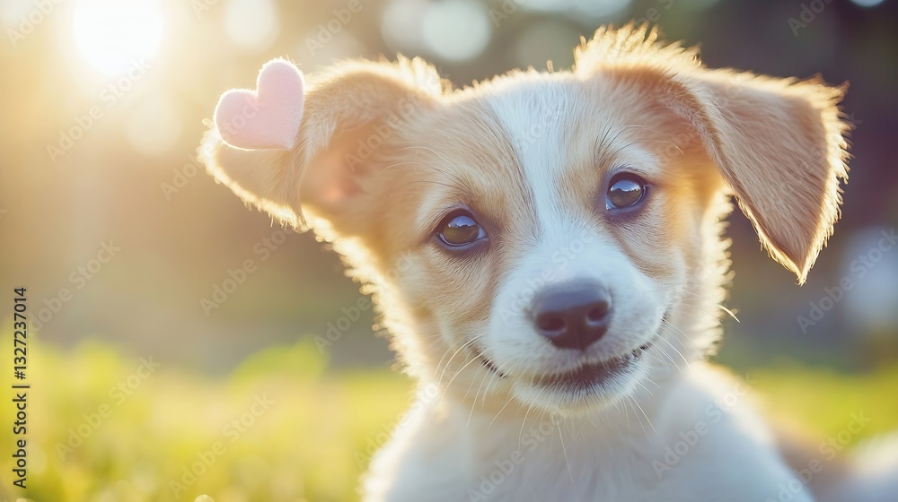 Poster adorable puppy with a playful heart on its ear enjoying the sunny outdoors with a charming smile : g