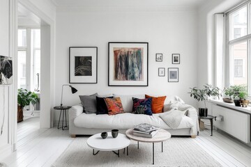 Modern living room with art, white interior, plants, and cozy sofa