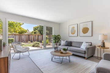 Modern living room with backyard view, open concept, neutral color scheme
