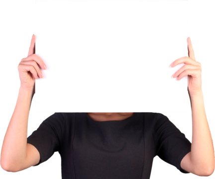 Female hands holding a piece of white cardboard - Powered by Adobe