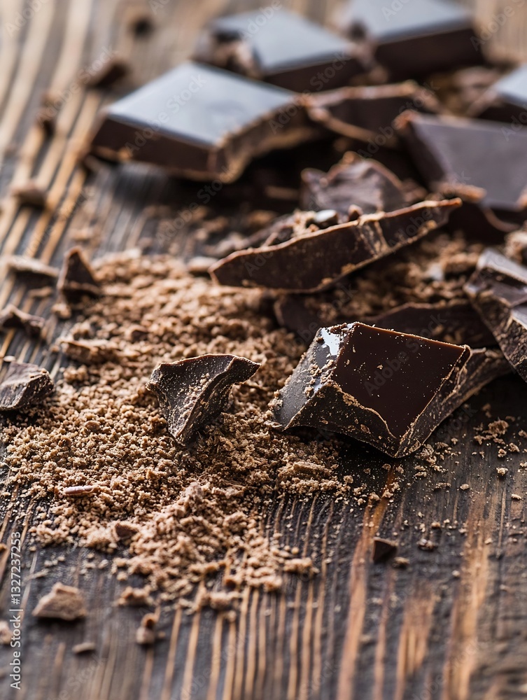 Poster broken dark chocolate pieces scattered with cocoa powder on a rustic wooden surface : generative ai