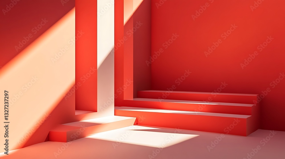 Poster geometric staircase of shadows: a striking architectural scene featuring a minimalist red staircase 