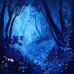 A beautiful blue forest scene with glowing mysterious details