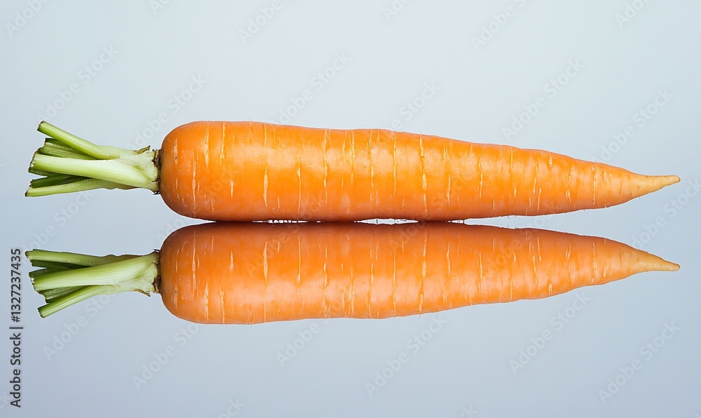 Poster an isolated vibrant orange carrot with its mirrored reflection on display