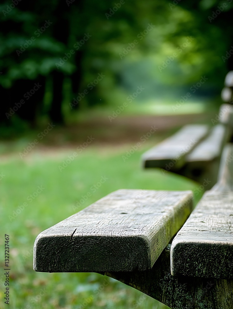 Aufkleber Close up view of a weathered wooden bench in a serene forest setting surrounded by lush greenery : Generative AI