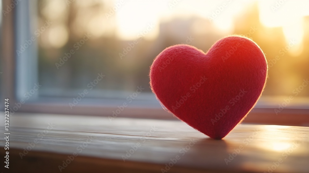 Aufkleber soft and vibrant red felt heart resting on a wooden surface with warm sunlight in the background : g