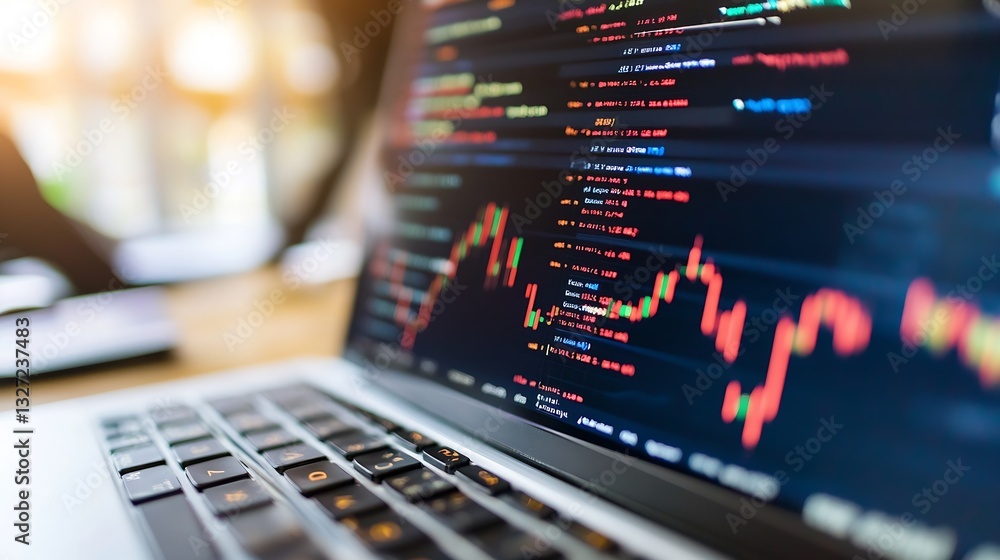 Poster Laptop display showing vibrant financial charts and graphs indicating stock movement and market trends : Generative AI