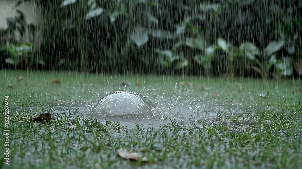Aufkleber raindrops falling on grass creating ripples in a puddle under a cloudy sky