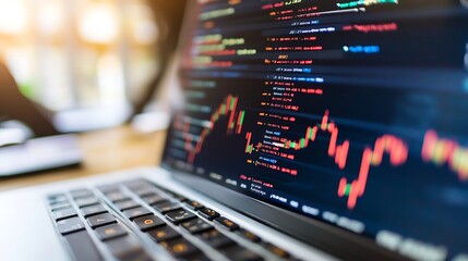 Laptop display showing vibrant financial charts and graphs indicating stock movement and market trends : Generative AI