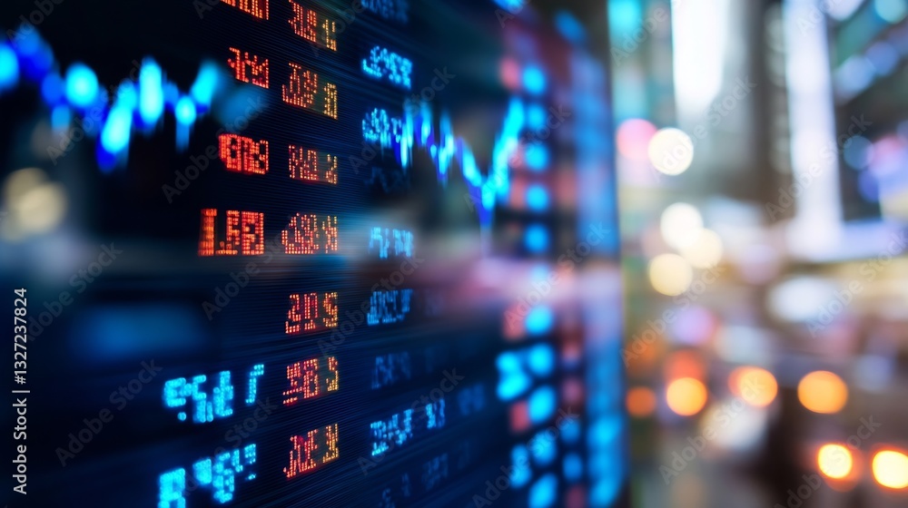 Aufkleber Digital stock market display with vibrant charts and data illuminated by colorful lights at night : Generative AI
