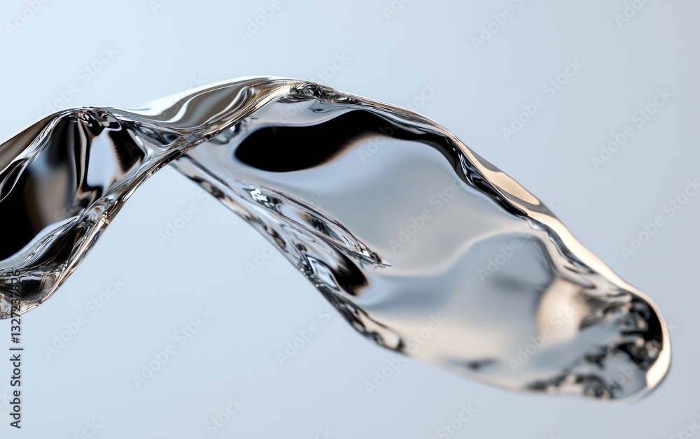 Poster abstract image of a silver liquid flowing in a dynamic wave-like motion against a light gray backgro