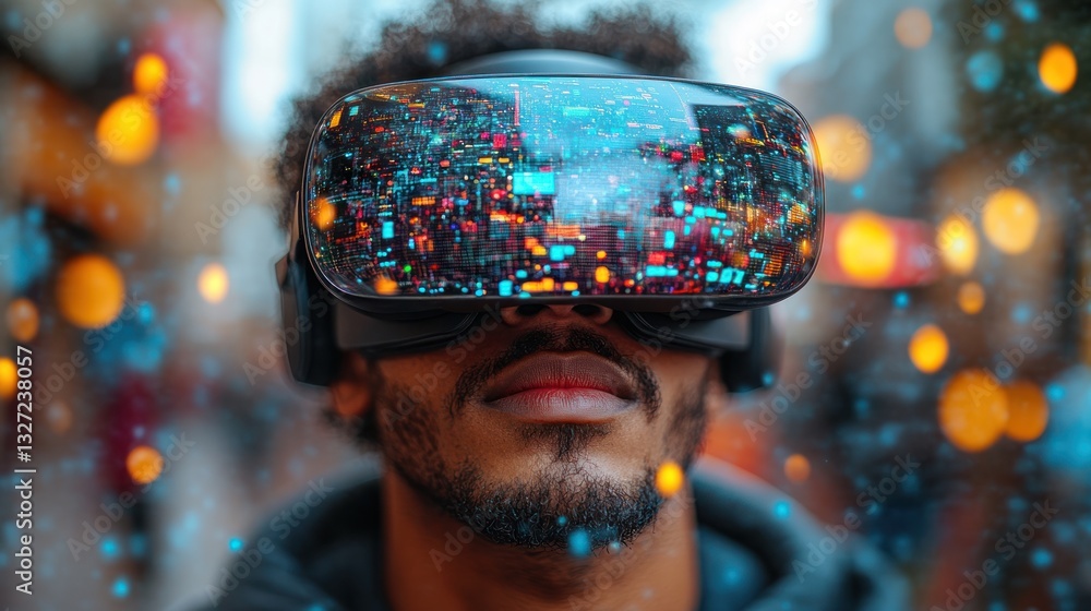 Poster man experiencing immersive virtual reality in urban setting