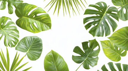 Elegant palm leaves and tropical foliage create vibrant, lush background. Perfect for nature themed designs and decor