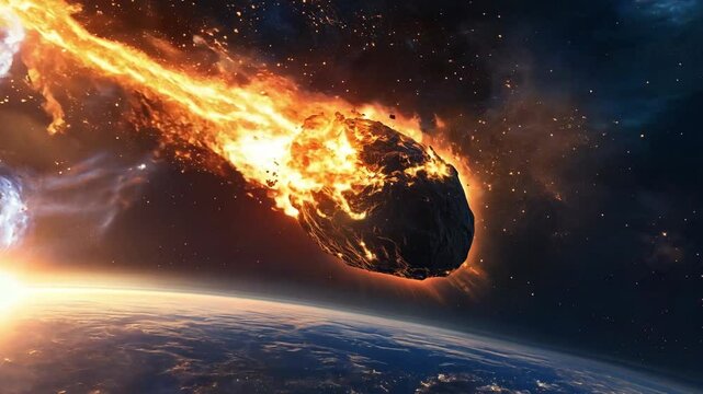 An asteroid rapidly descends toward Earth, creating a trail of fire and light as it passes through the atmosphere