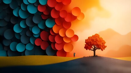 Vibrant World Environment Day Scene with Environmental Activism Educational Displays and Eco Friendly Community Gathering Depicted in a Dramatic Landscape Silhouette against a Colorful Sky Gradient