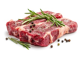 Obraz premium Fresh Raw Beef Steak with Rosemary Sprigs on Isolated White Background