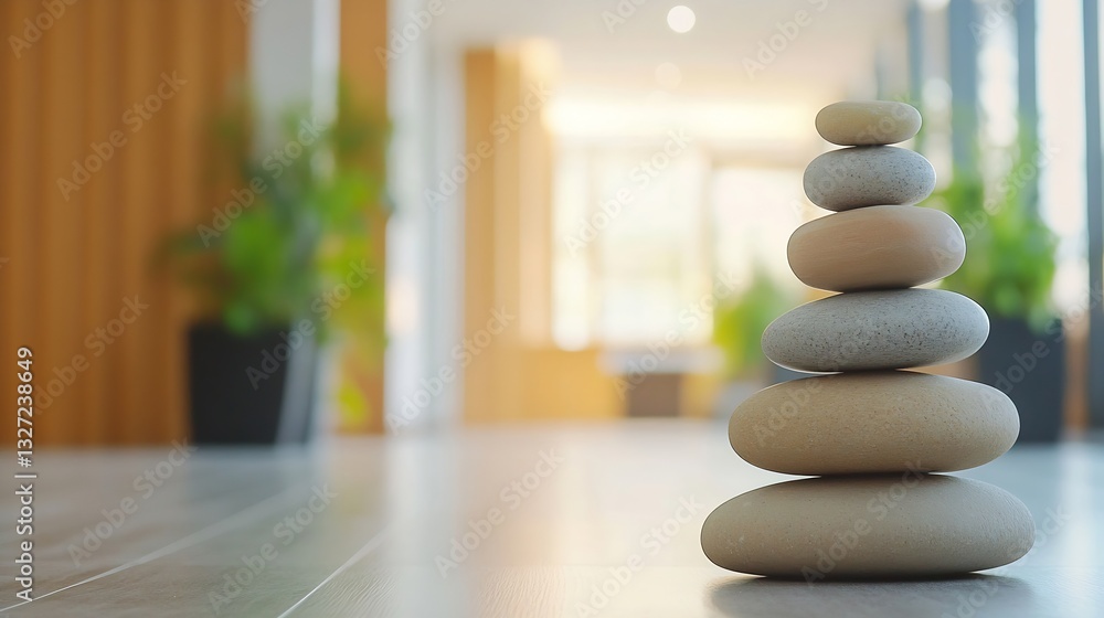 Aufkleber Stack of smooth stones creating a serene focal point in a modern indoor setting with plants in the background : Generative AI
