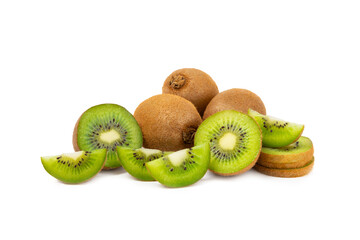 Kiwi isolated on white background. Whole fruit and slices pieces of kiwi on white background. fresh...