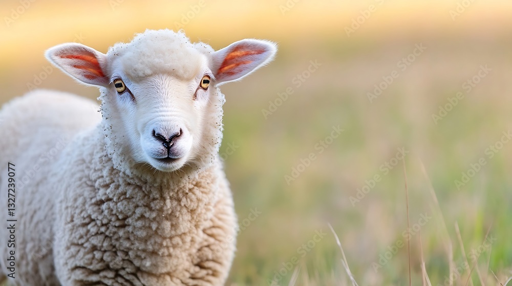Poster adorable sheep grazing peacefully in a sunny meadow showcasing its fluffy wool texture : generative 