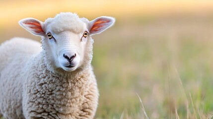 Obraz premium Adorable sheep grazing peacefully in a sunny meadow showcasing its fluffy wool texture : Generative AI