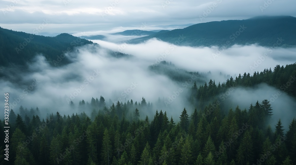 Aufkleber stunning panoramic view of a misty forest landscape enveloped in fog with majestic mountains in the 