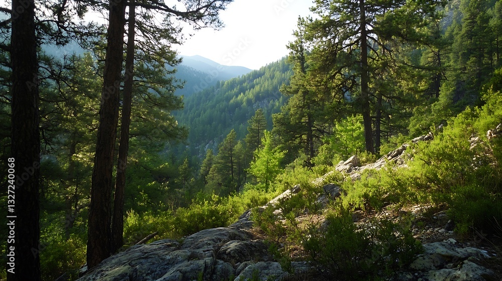 Poster lush green forest landscape with sunlight filtering through tall trees : generative ai
