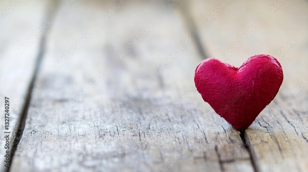 Poster A small red heart figurine resting on rustic wooden boards creating a romantic and warm atmosphere : Generative AI