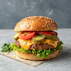 Hamburger on a cheese and tomatoes with background