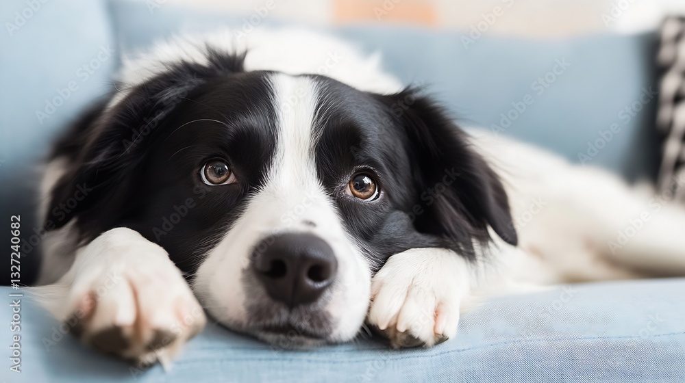 Poster a charming and emotional closeup of a black and white dog resting comfortably on a light blue couch 