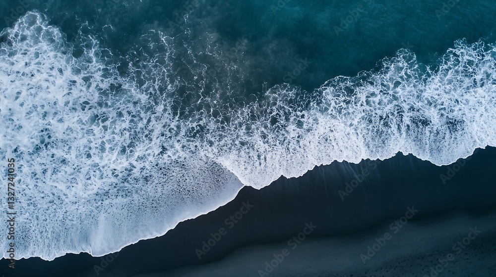 Poster Aerial view of ocean waves crashing on the shore creating a stunning sea foam pattern along the beach : Generative AI