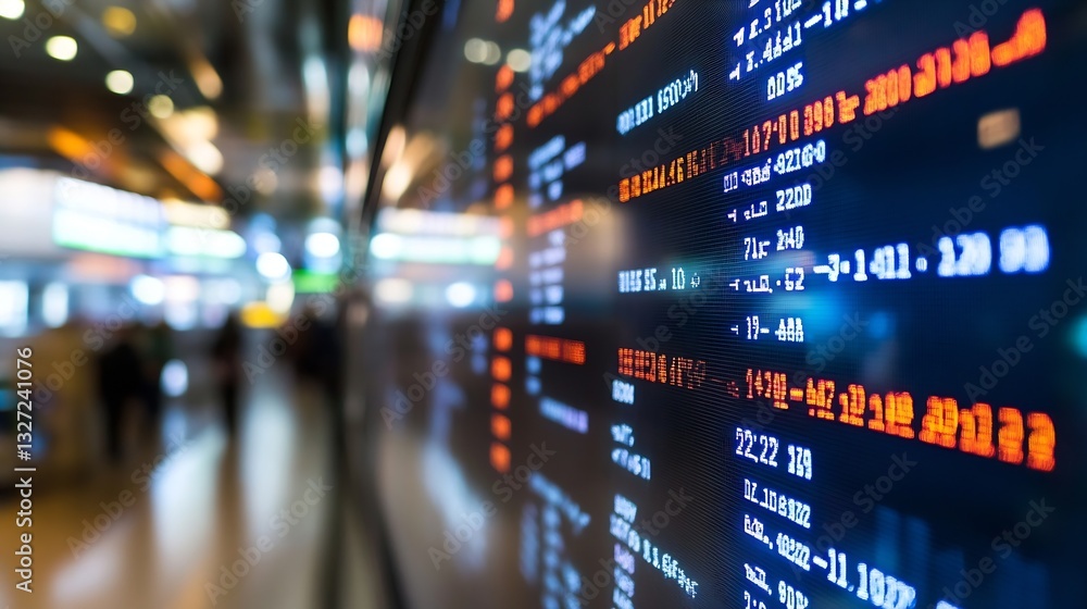 Poster digital stock market display showing fluctuating numbers and data trends in a busy financial setting