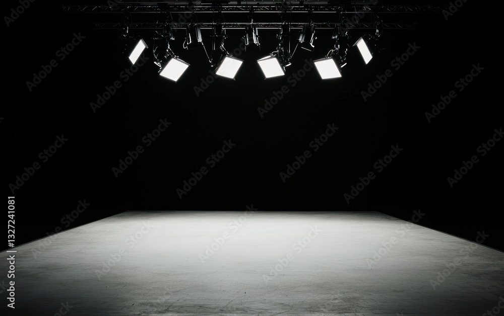 Poster five bright stage lights illuminate a dark empty stage, creating a dramatic and moody atmosphere. th